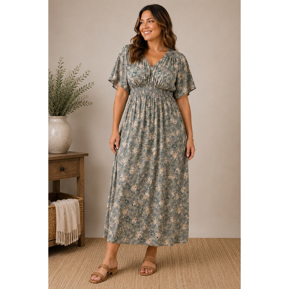 Natural Life Sanibel Kaftan Maxi Dress XL Sage Green Floral Boho Smocked V-Neck